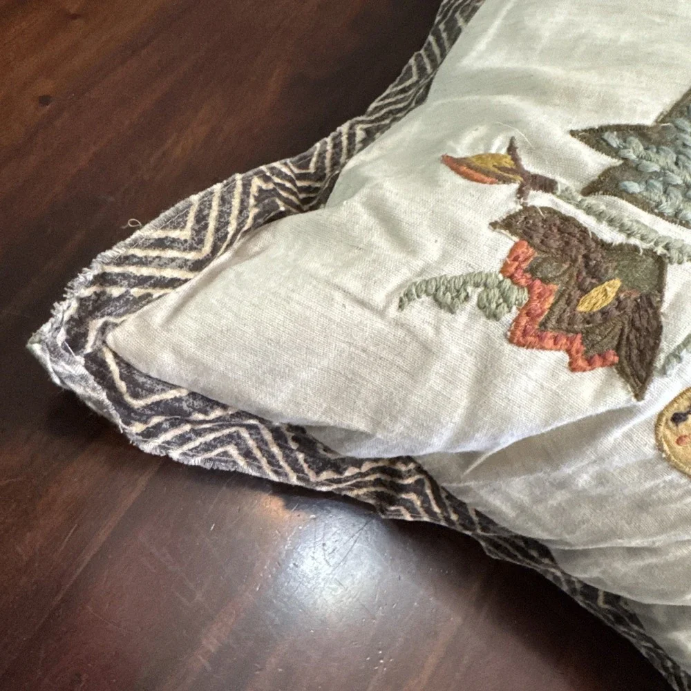 Pottery Barn Throw Pillow Owl Bird Embroidered Appliqué‎ Feather Insert Cover